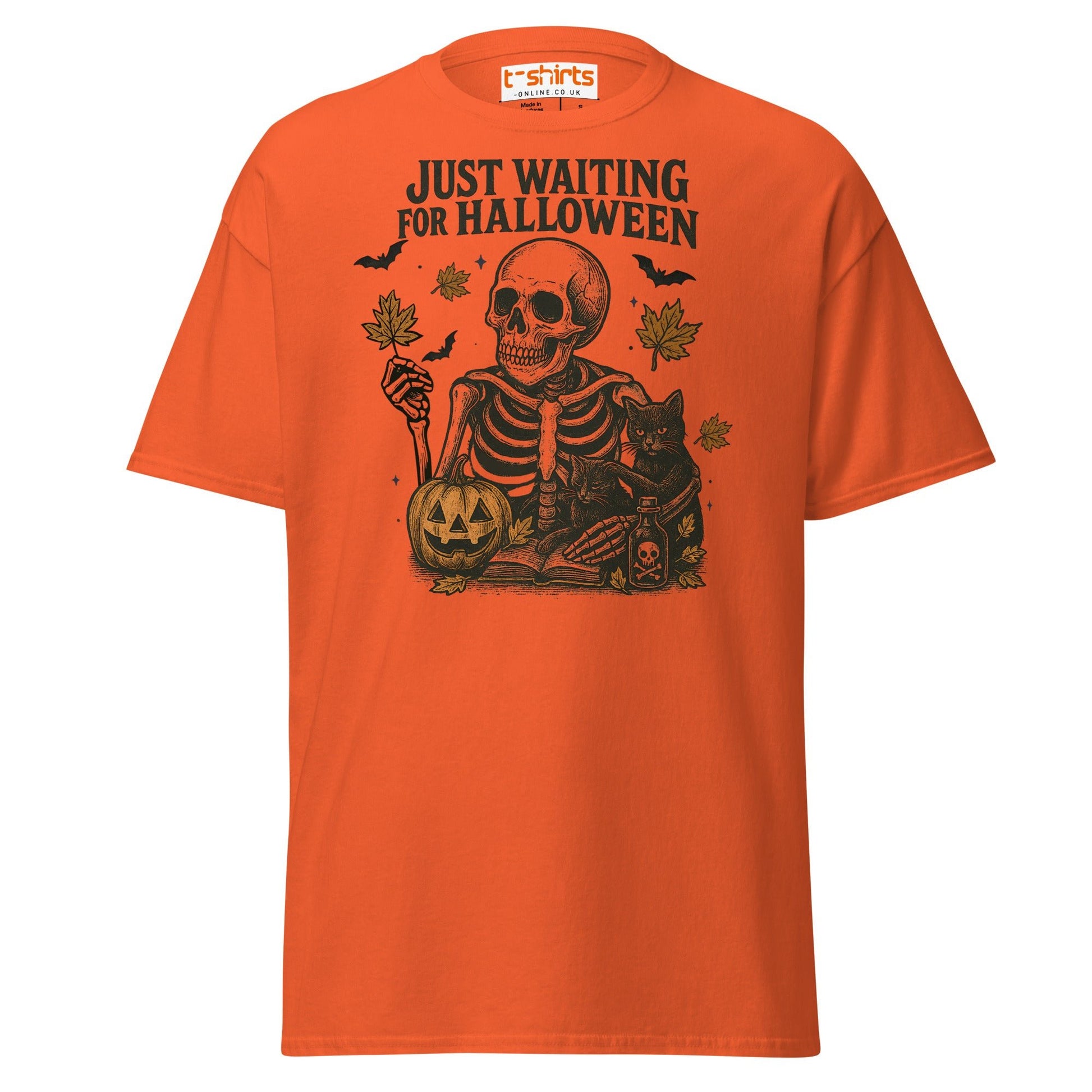 Just Waiting for Halloween Skeleton T-Shirt - Orange - T-Shirts Online