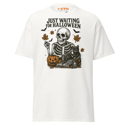 Just Waiting for Halloween Skeleton T-Shirt - White - T-Shirts Online