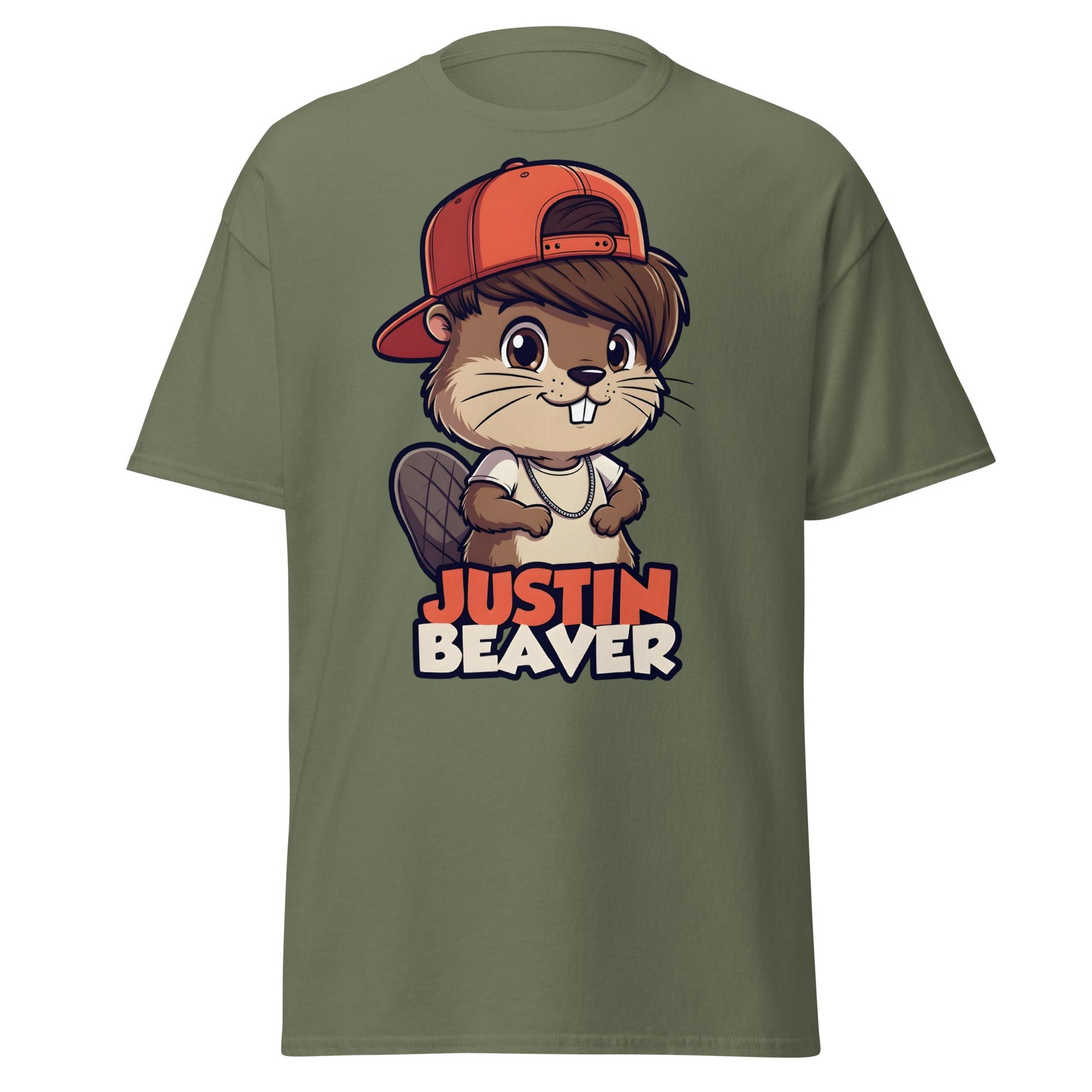 Justin Beaver Funny Parody T-Shirt | Cute Pun Graphic Tee - Military Green - T-Shirts Online