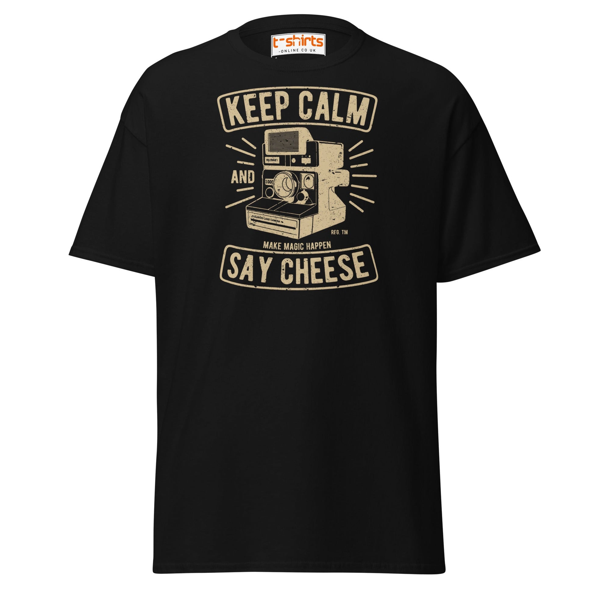 Keep Calm Say Cheese T-Shirt | Vintage Camera Tee - Black - T-Shirts Online