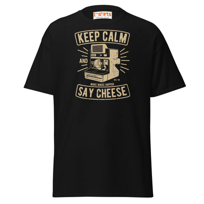 Keep Calm Say Cheese T-Shirt | Vintage Camera Tee - Black - T-Shirts Online