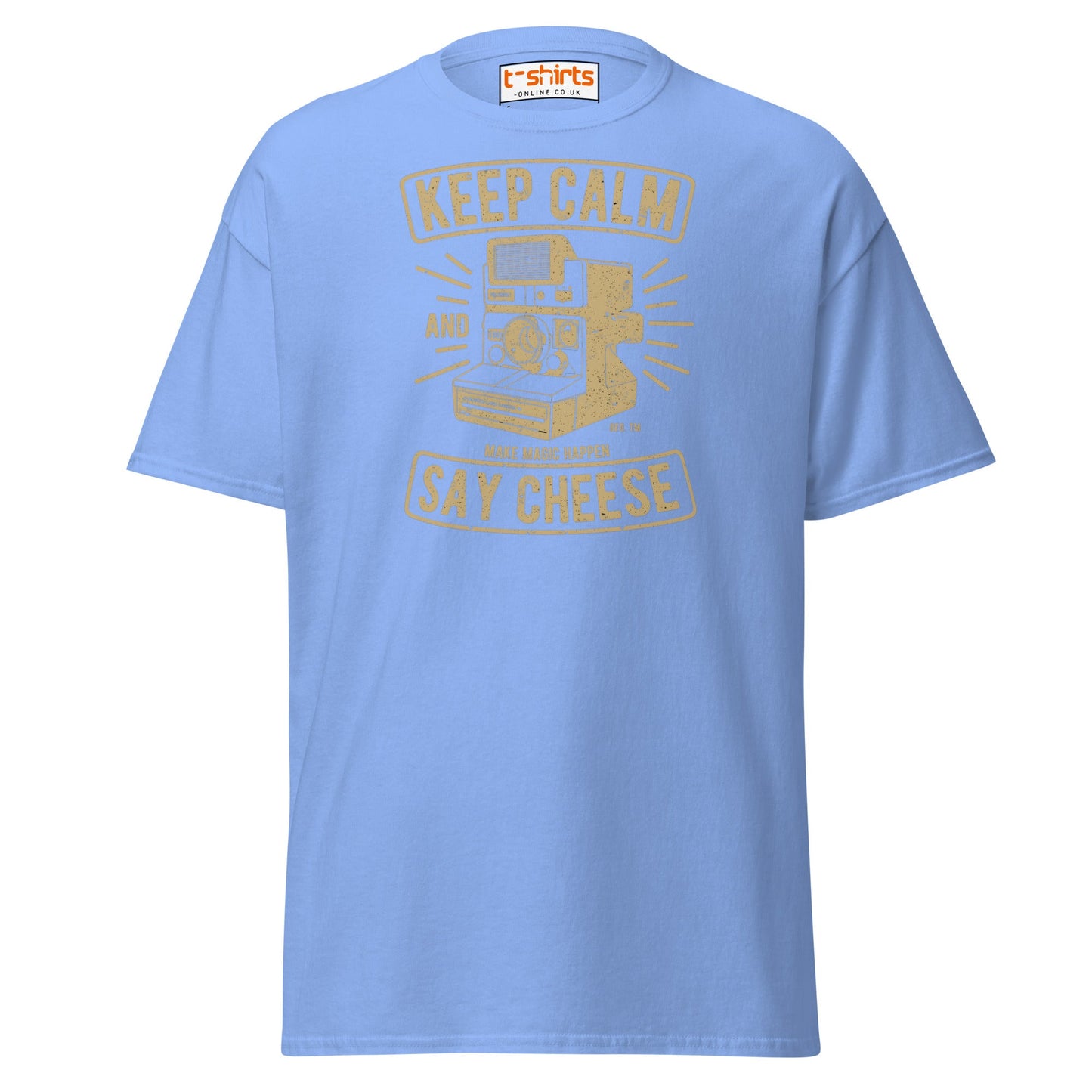 Keep Calm Say Cheese T-Shirt | Vintage Camera Tee - Carolina Blue - T-Shirts Online