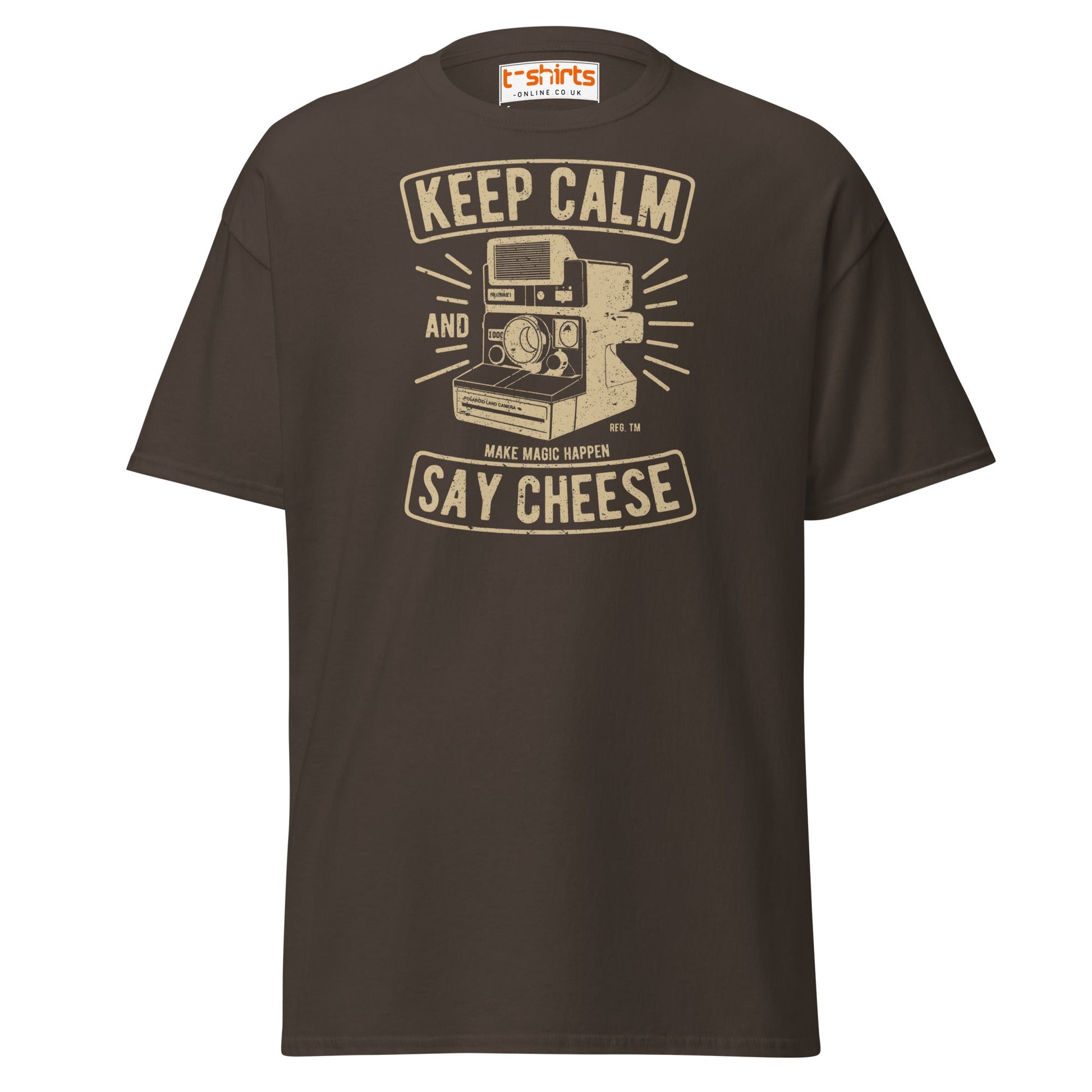 Keep Calm Say Cheese T-Shirt | Vintage Camera Tee - Dark Chocolate - T-Shirts Online