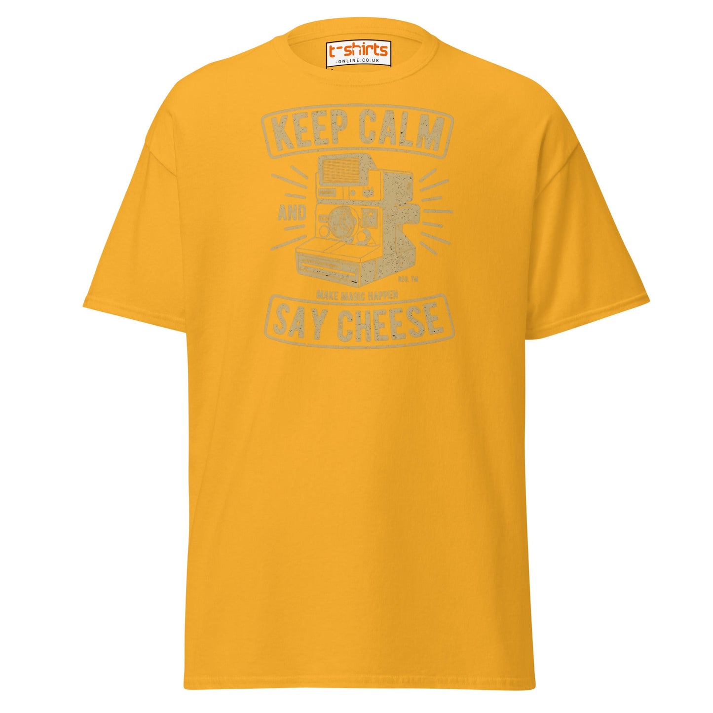 Keep Calm Say Cheese T-Shirt | Vintage Camera Tee - Gold - T-Shirts Online