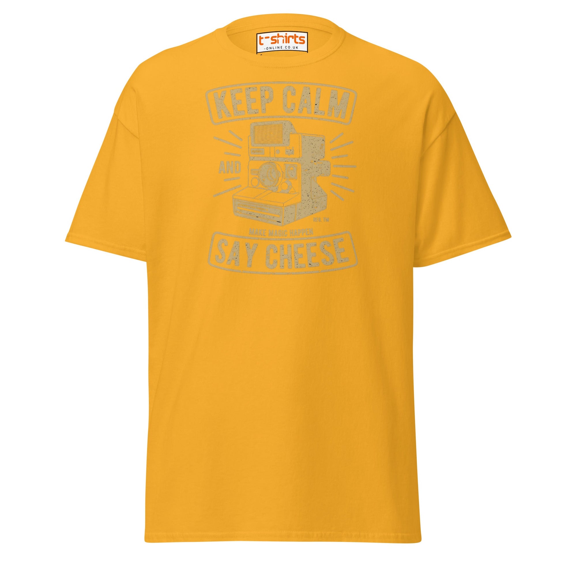 Keep Calm Say Cheese T-Shirt | Vintage Camera Tee - Gold - T-Shirts Online