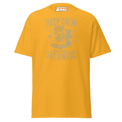 Keep Calm Say Cheese T-Shirt | Vintage Camera Tee - Gold - T-Shirts Online