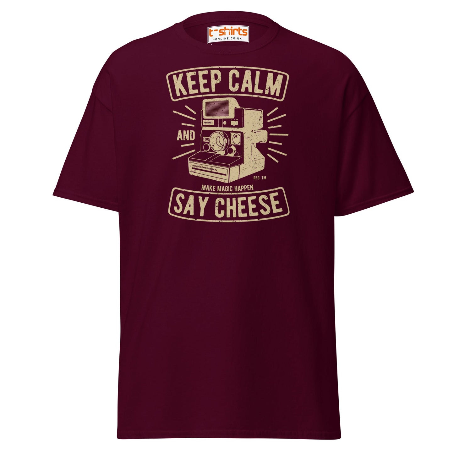 Keep Calm Say Cheese T-Shirt | Vintage Camera Tee - Maroon - T-Shirts Online