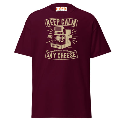 Keep Calm Say Cheese T-Shirt | Vintage Camera Tee - Maroon - T-Shirts Online