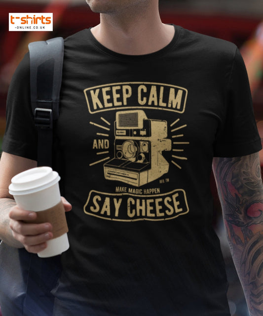 Keep Calm Say Cheese T-Shirt | Vintage Camera Tee - Maroon - T-Shirts Online