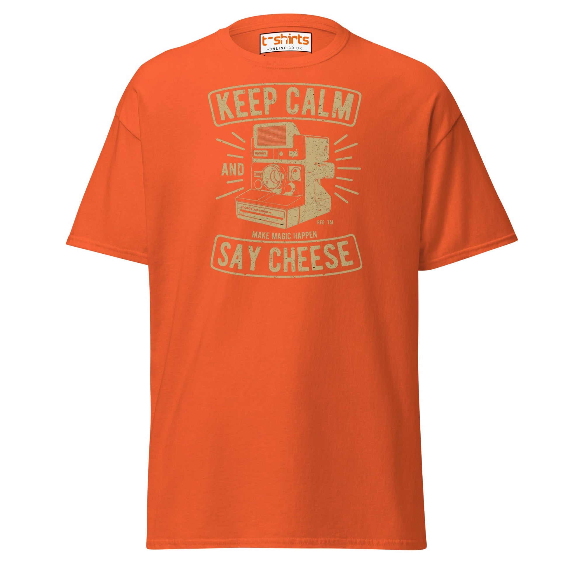 Keep Calm Say Cheese T-Shirt | Vintage Camera Tee - Orange - T-Shirts Online