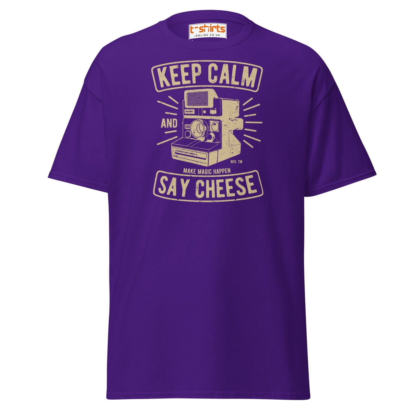 Keep Calm Say Cheese T-Shirt | Vintage Camera Tee - Purple - T-Shirts Online