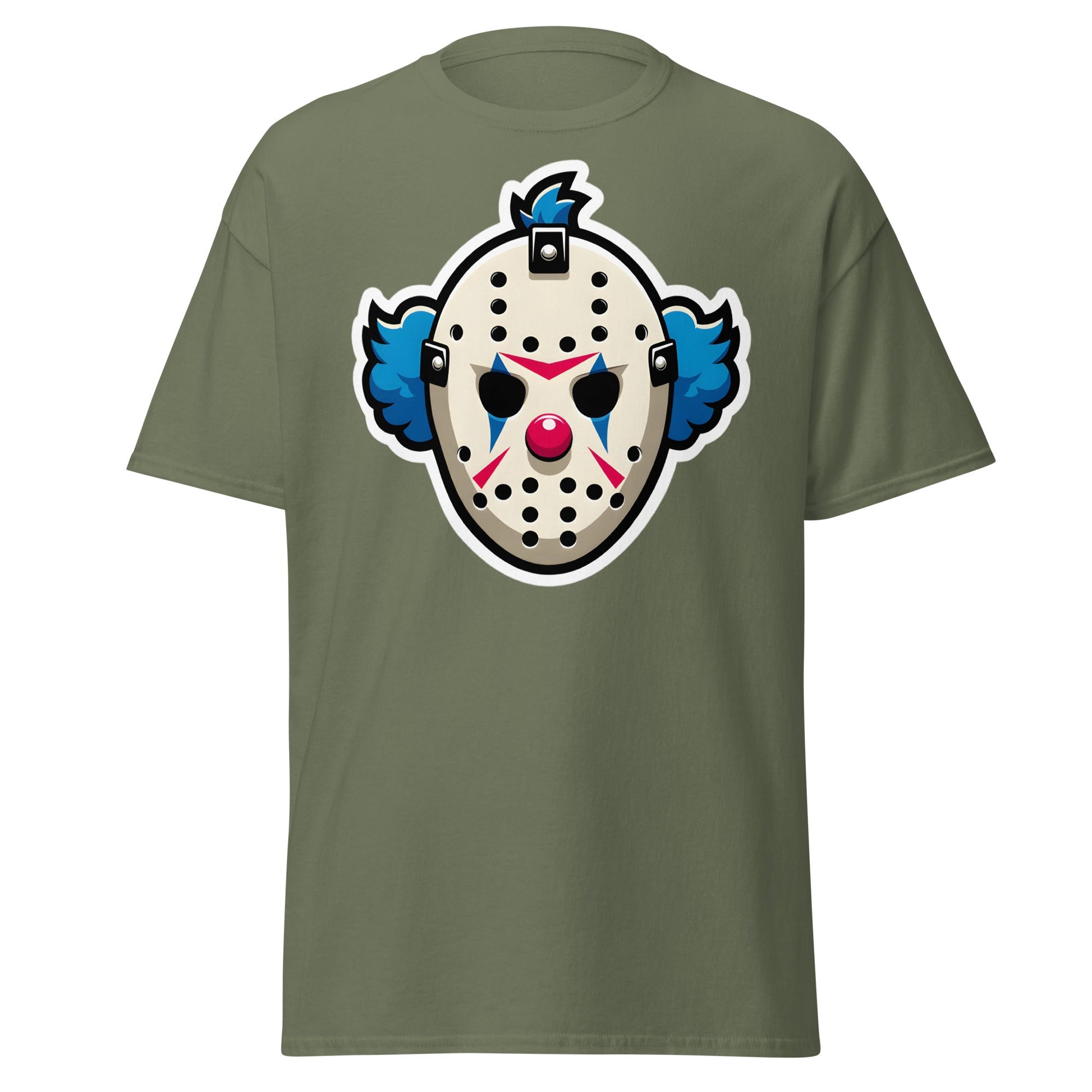 Killer Clown Hockey Mask T-Shirt - Horror Mashup Tee - Military Green - T-Shirts Online