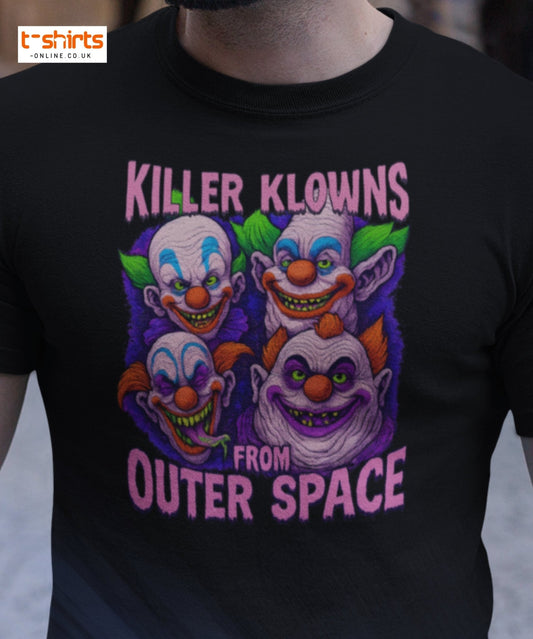 Black t-shirt with 'Killer Klowns from Outer Space' graphic design on a blurred background