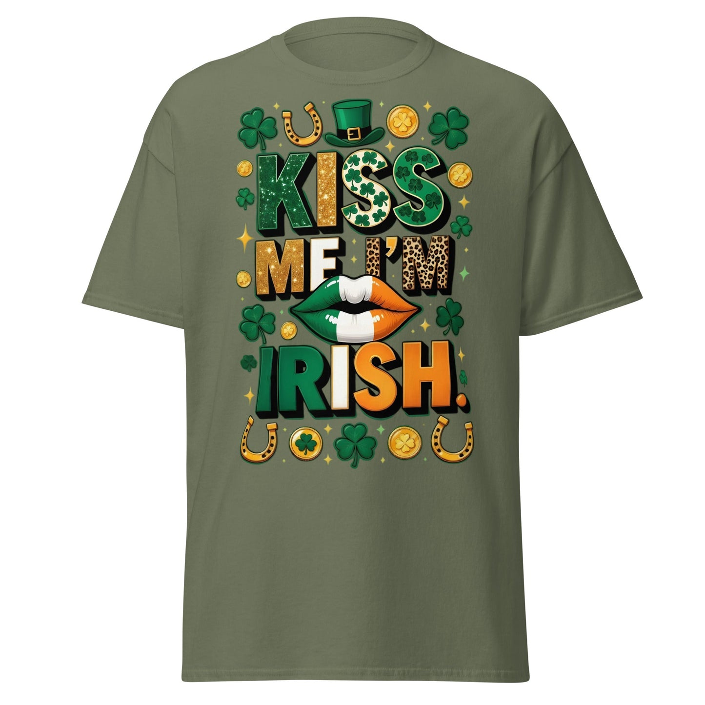 Kiss Me I'm Irish T-Shirt - Lucky St. Patrick's Day Tee - Military Green - T-Shirts Online