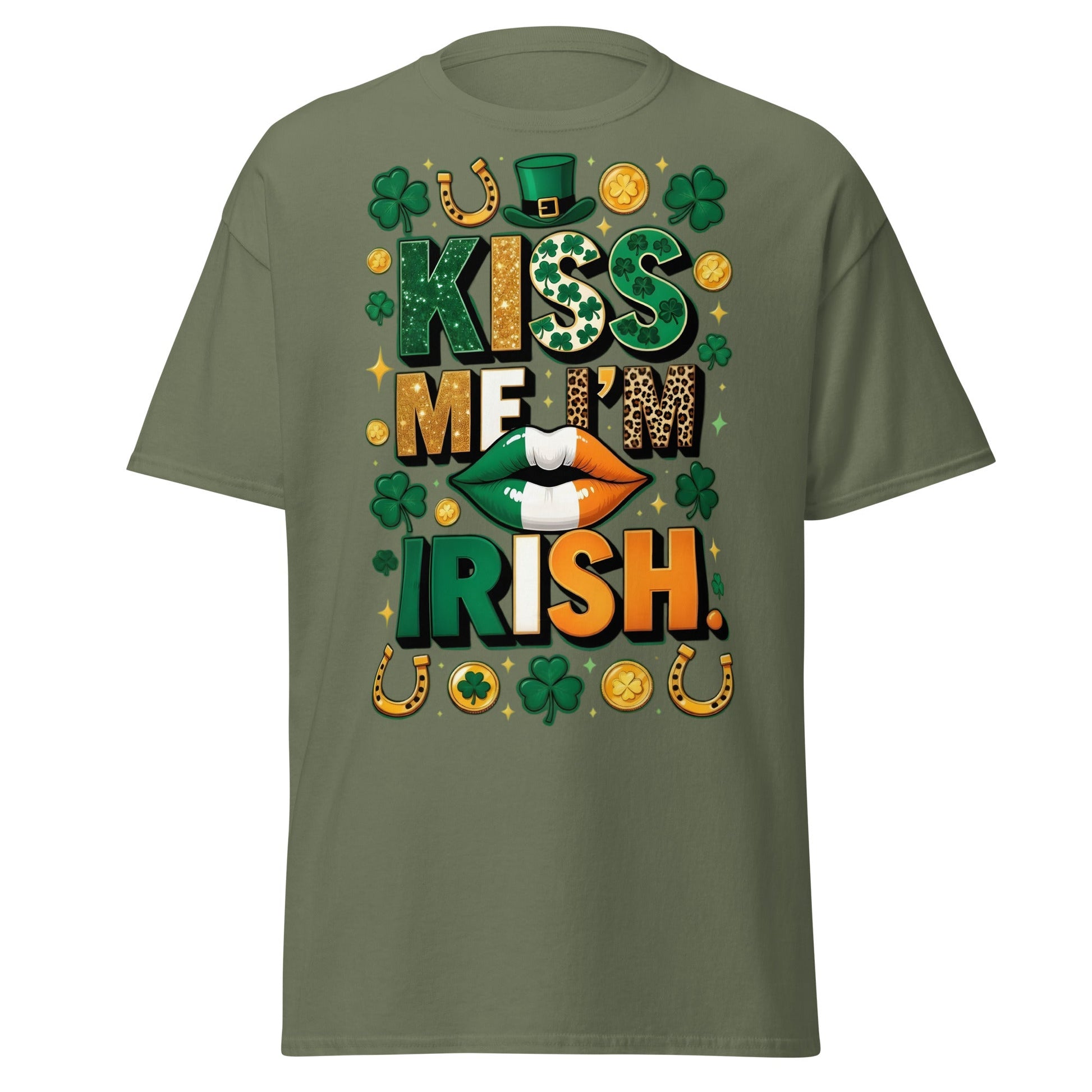 Kiss Me I'm Irish T-Shirt - Lucky St. Patrick's Day Tee - Military Green - T-Shirts Online