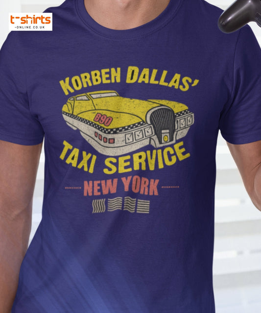 Blue t-shirt with yellow and red graphic design of a taxi and text on a white background