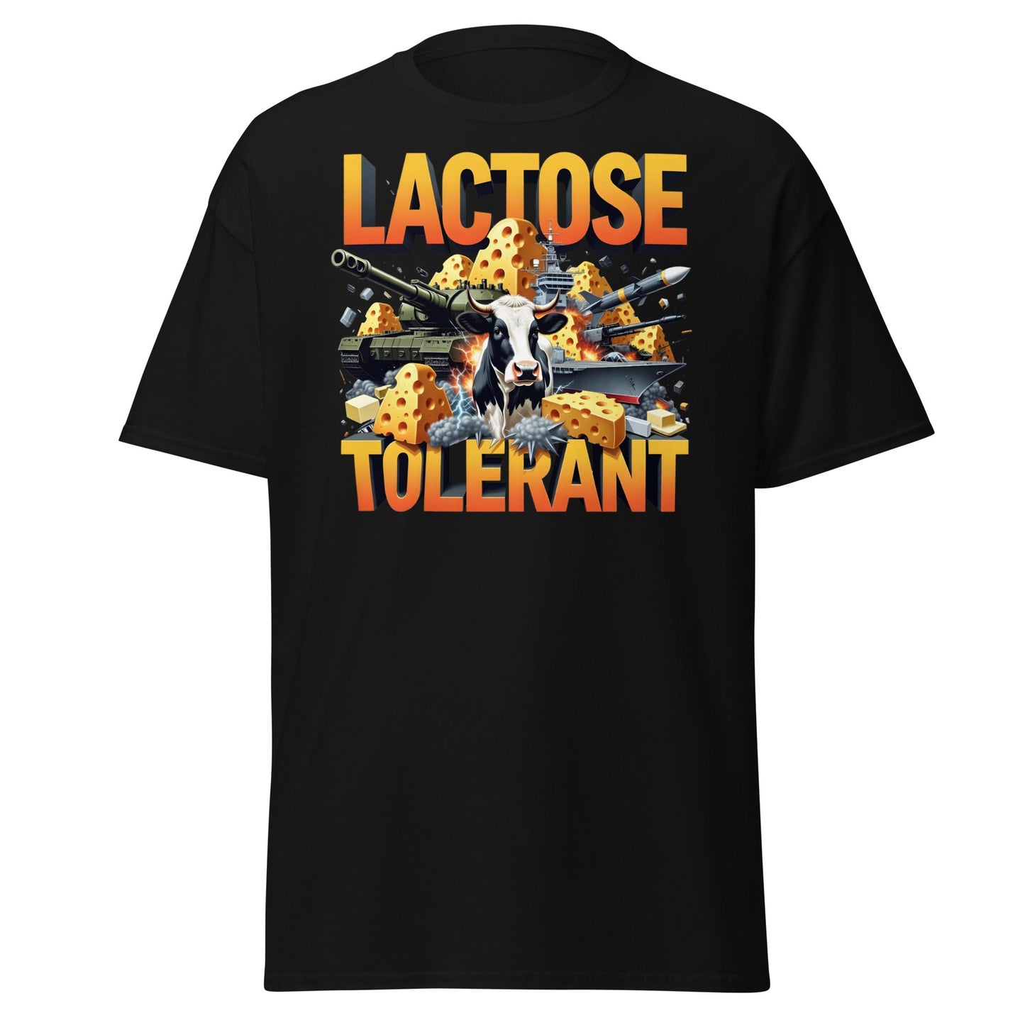 Lactose Tolerant T-Shirt - Funny Cow & Military Graphic Tee - Black - T-Shirts Online