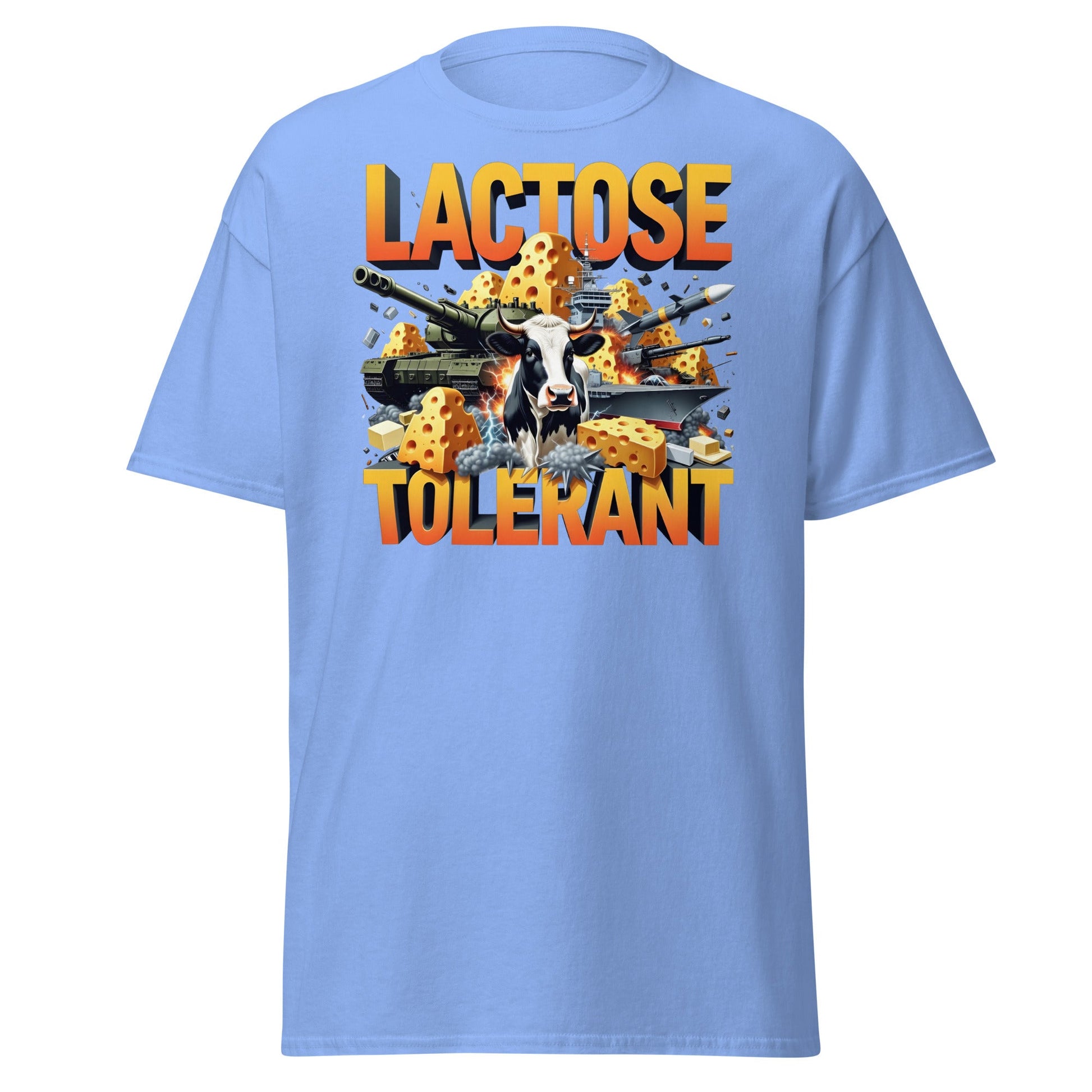 Lactose Tolerant T-Shirt - Funny Cow & Military Graphic Tee - Carolina Blue - T-Shirts Online