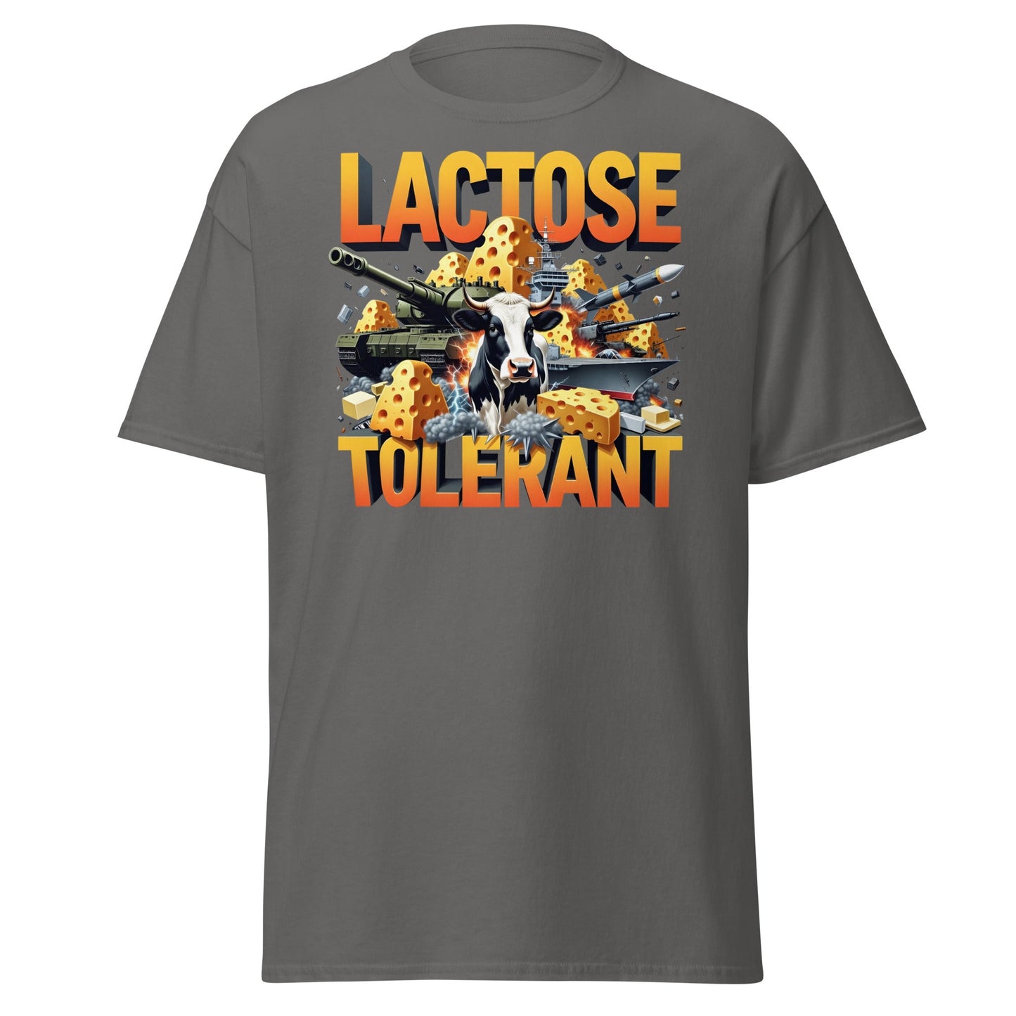 Lactose Tolerant T-Shirt - Funny Cow & Military Graphic Tee - Charcoal - T-Shirts Online