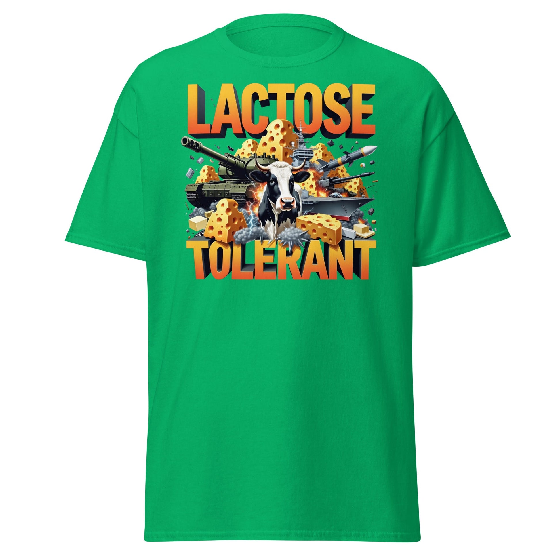 Lactose Tolerant T-Shirt - Funny Cow & Military Graphic Tee - Irish Green - T-Shirts Online