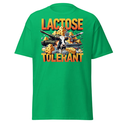 Lactose Tolerant T-Shirt - Funny Cow & Military Graphic Tee - Irish Green - T-Shirts Online