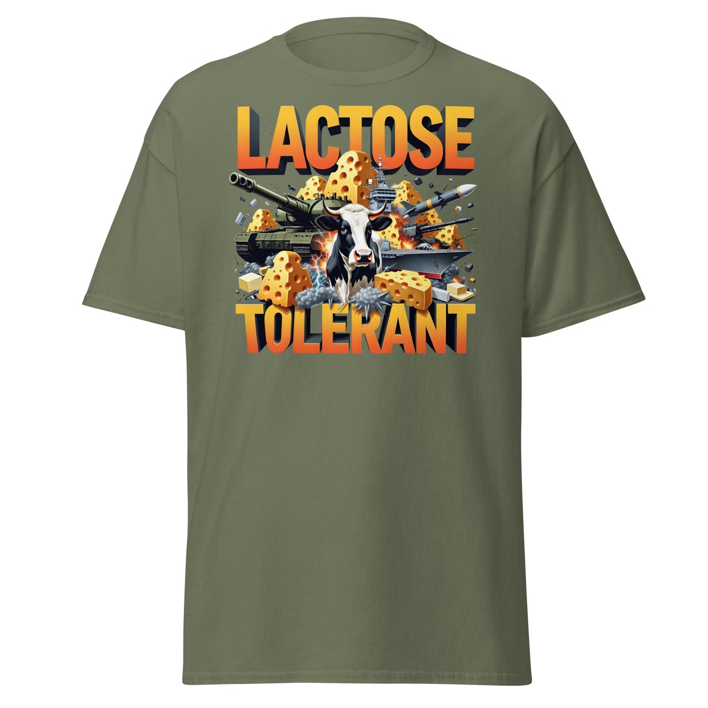 Lactose Tolerant T-Shirt - Funny Cow & Military Graphic Tee - Military Green - T-Shirts Online