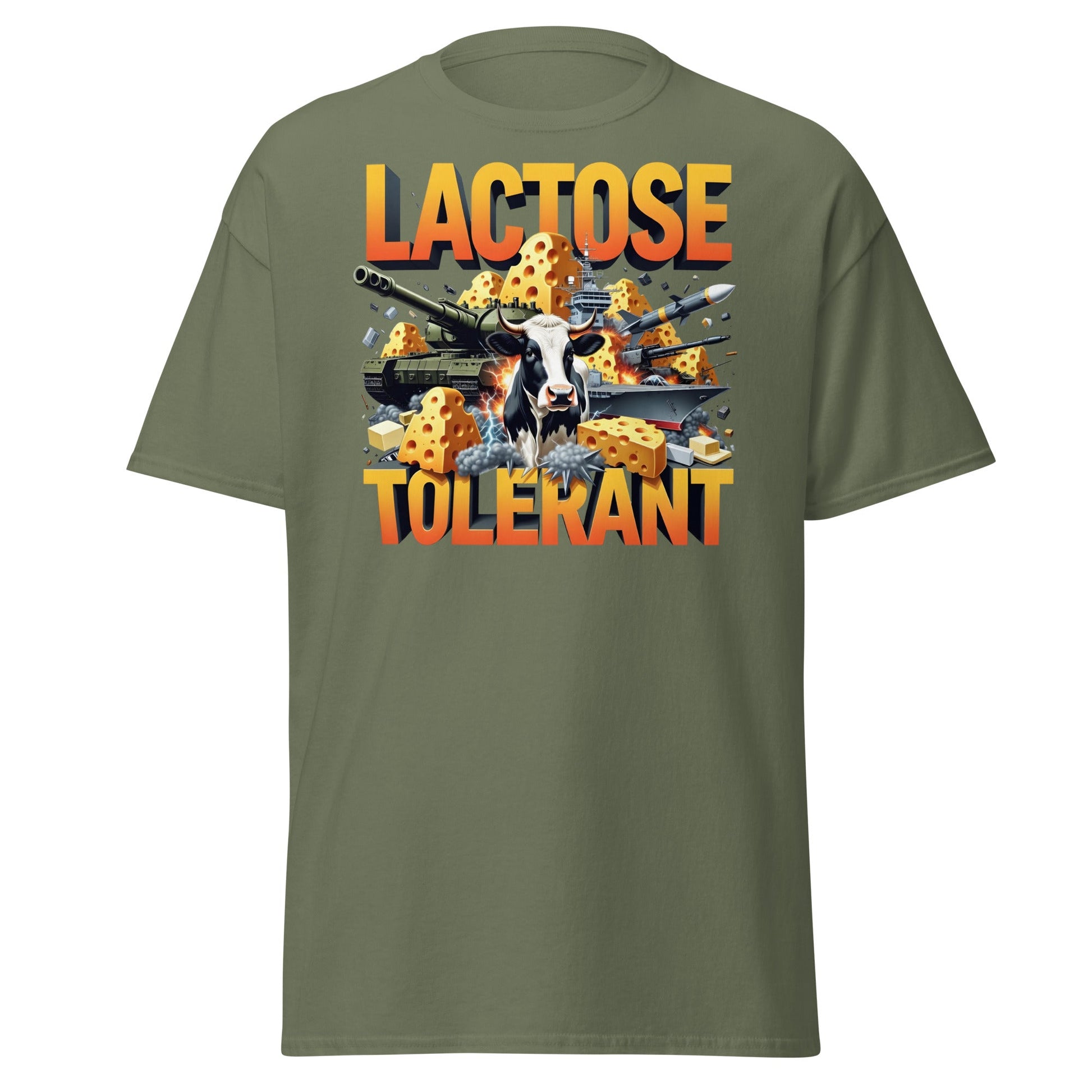 Lactose Tolerant T-Shirt - Funny Cow & Military Graphic Tee - Military Green - T-Shirts Online