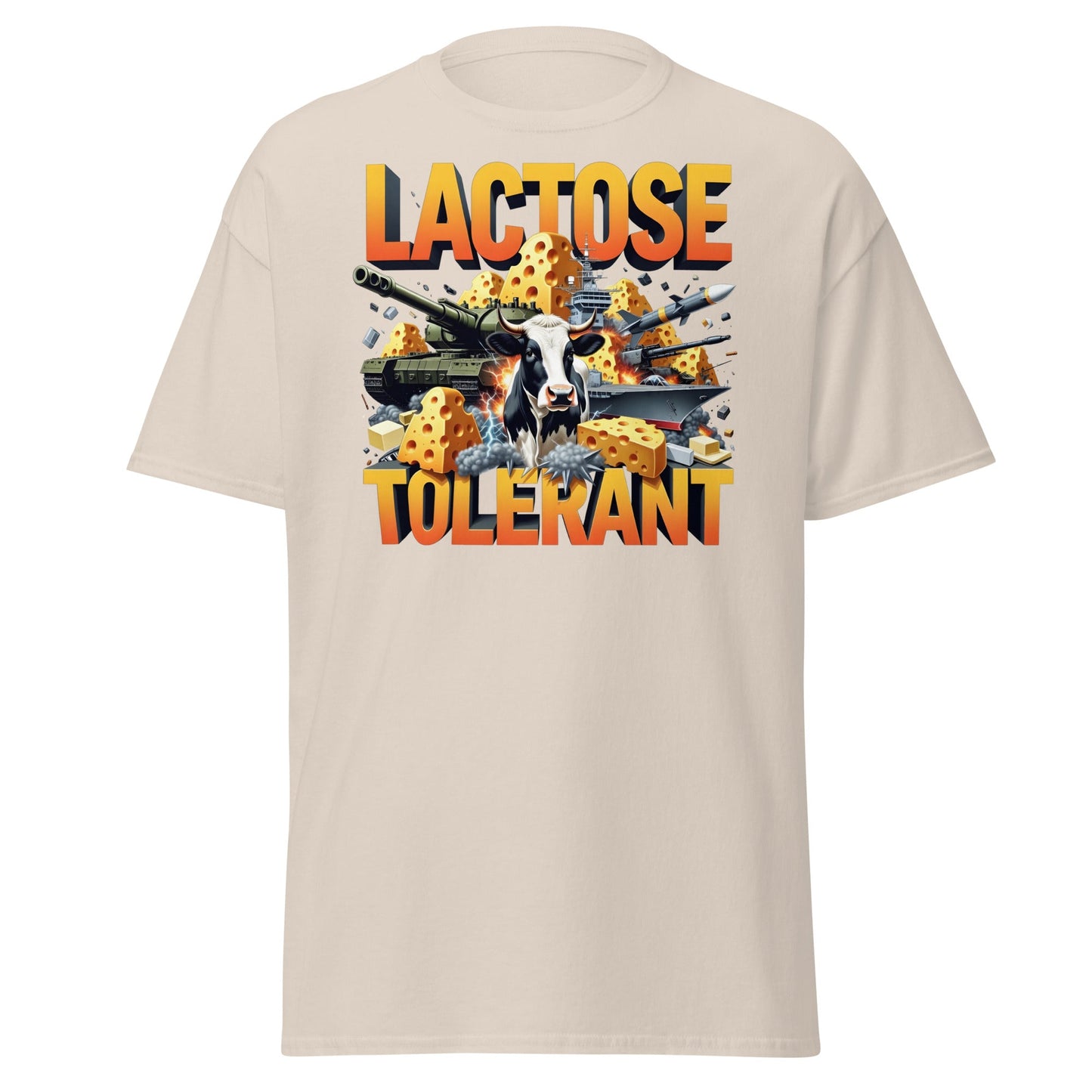 Lactose Tolerant T-Shirt - Funny Cow & Military Graphic Tee - Natural - T-Shirts Online
