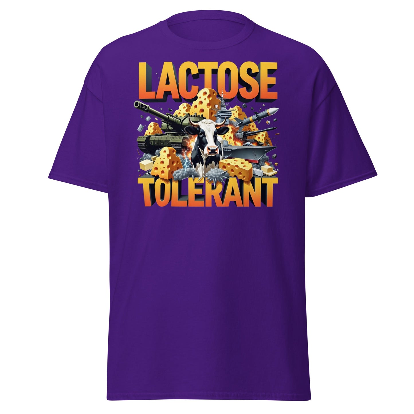 Lactose Tolerant T-Shirt - Funny Cow & Military Graphic Tee - Purple - T-Shirts Online