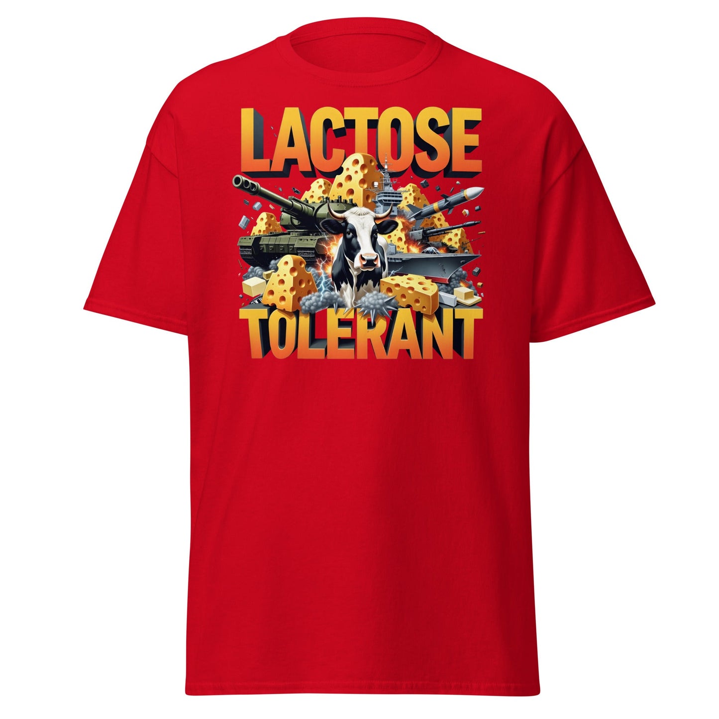 Lactose Tolerant T-Shirt - Funny Cow & Military Graphic Tee - Red - T-Shirts Online