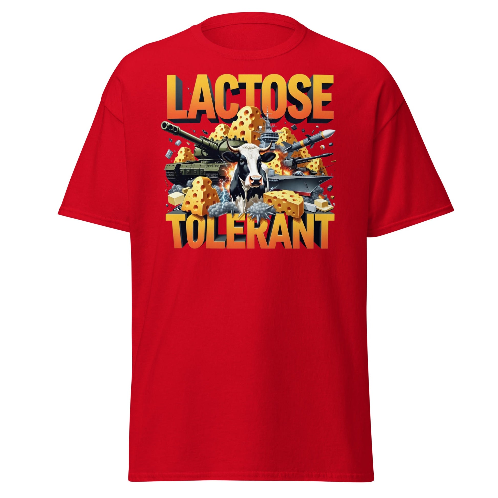Lactose Tolerant T-Shirt - Funny Cow & Military Graphic Tee - Red - T-Shirts Online