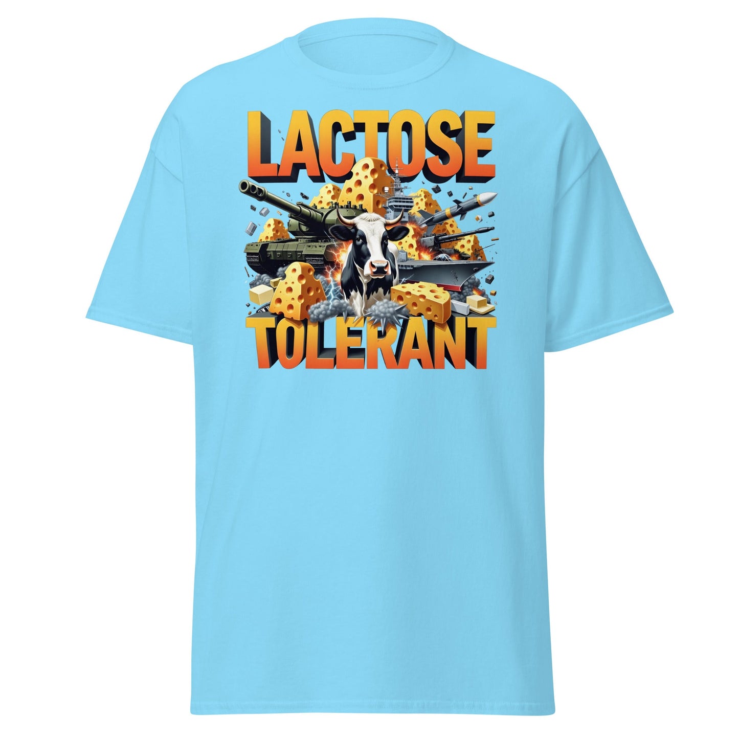 Lactose Tolerant T-Shirt - Funny Cow & Military Graphic Tee - Sky - T-Shirts Online