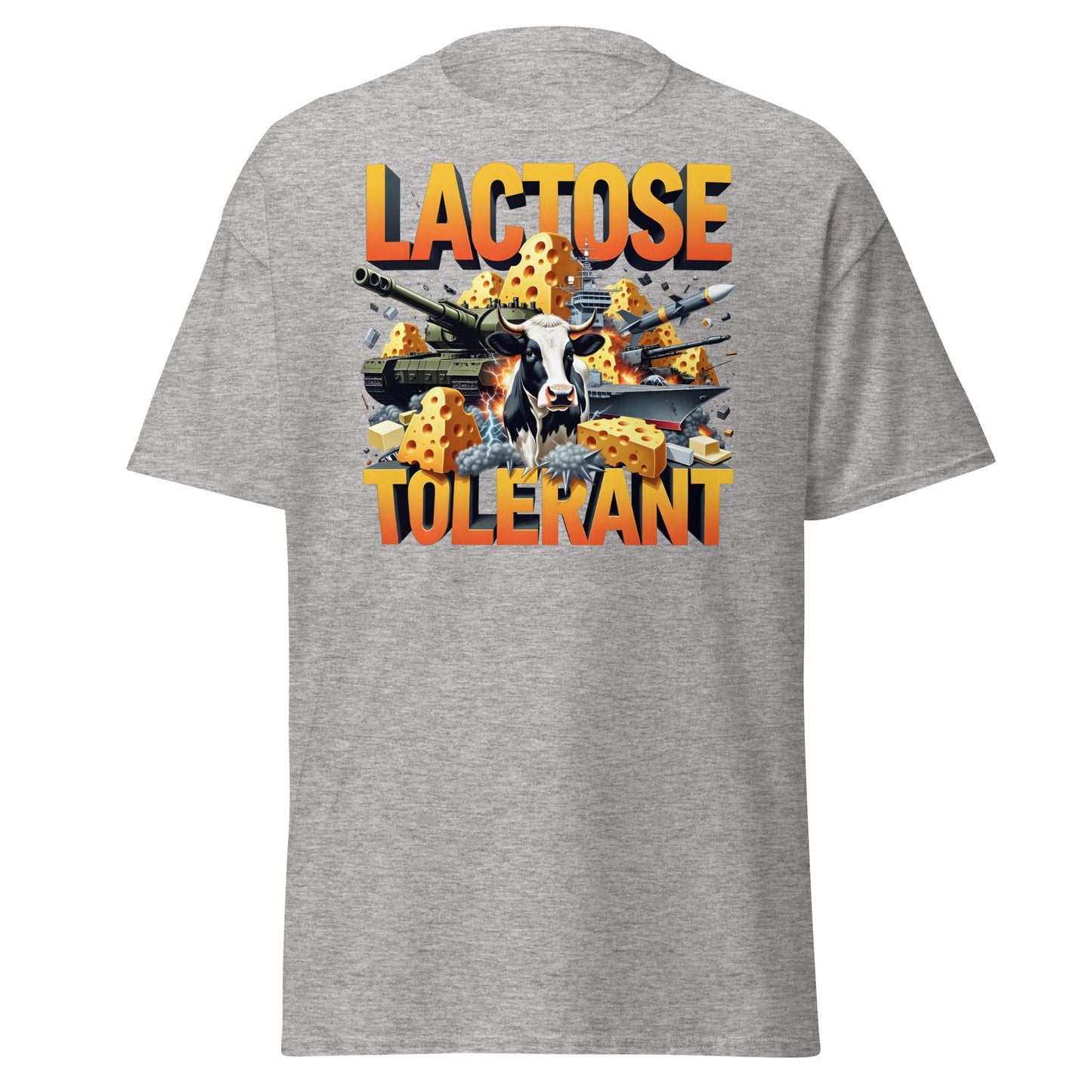 Lactose Tolerant T-Shirt - Funny Cow & Military Graphic Tee - Sport Grey - T-Shirts Online