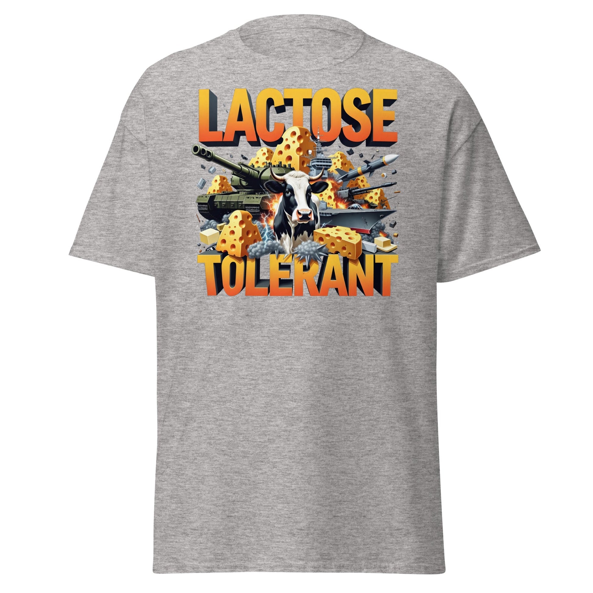 Lactose Tolerant T-Shirt - Funny Cow & Military Graphic Tee - Sport Grey - T-Shirts Online
