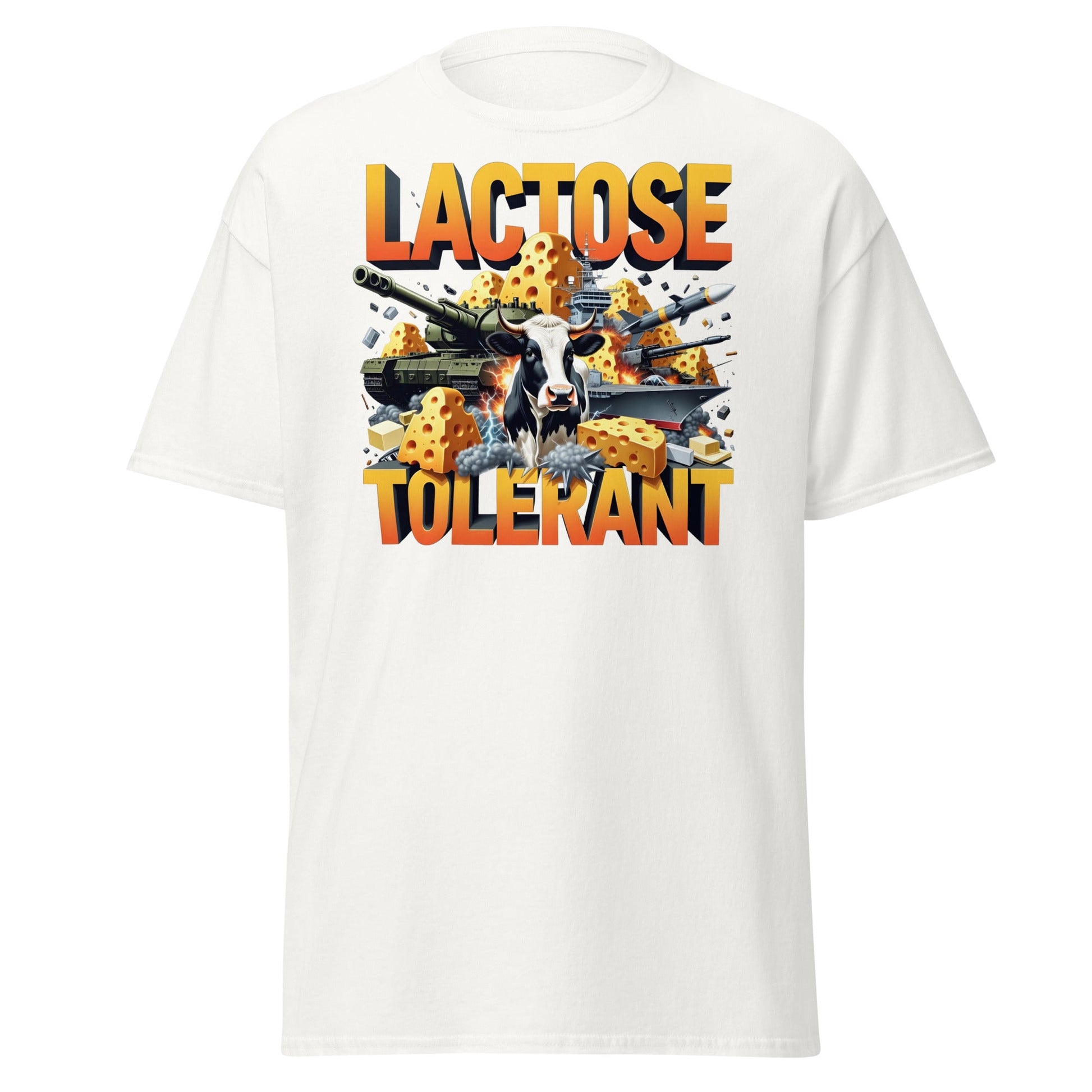 Lactose Tolerant T-Shirt - Funny Cow & Military Graphic Tee - White - T-Shirts Online