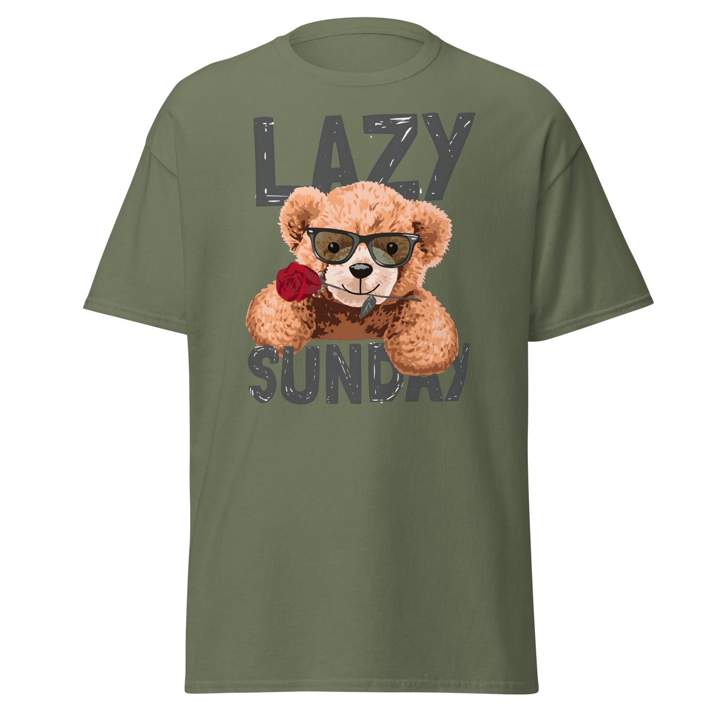 Lazy Sunday Teddy Bear T-Shirt | Cute Chill Day Tee - Military Green - T-Shirts Online