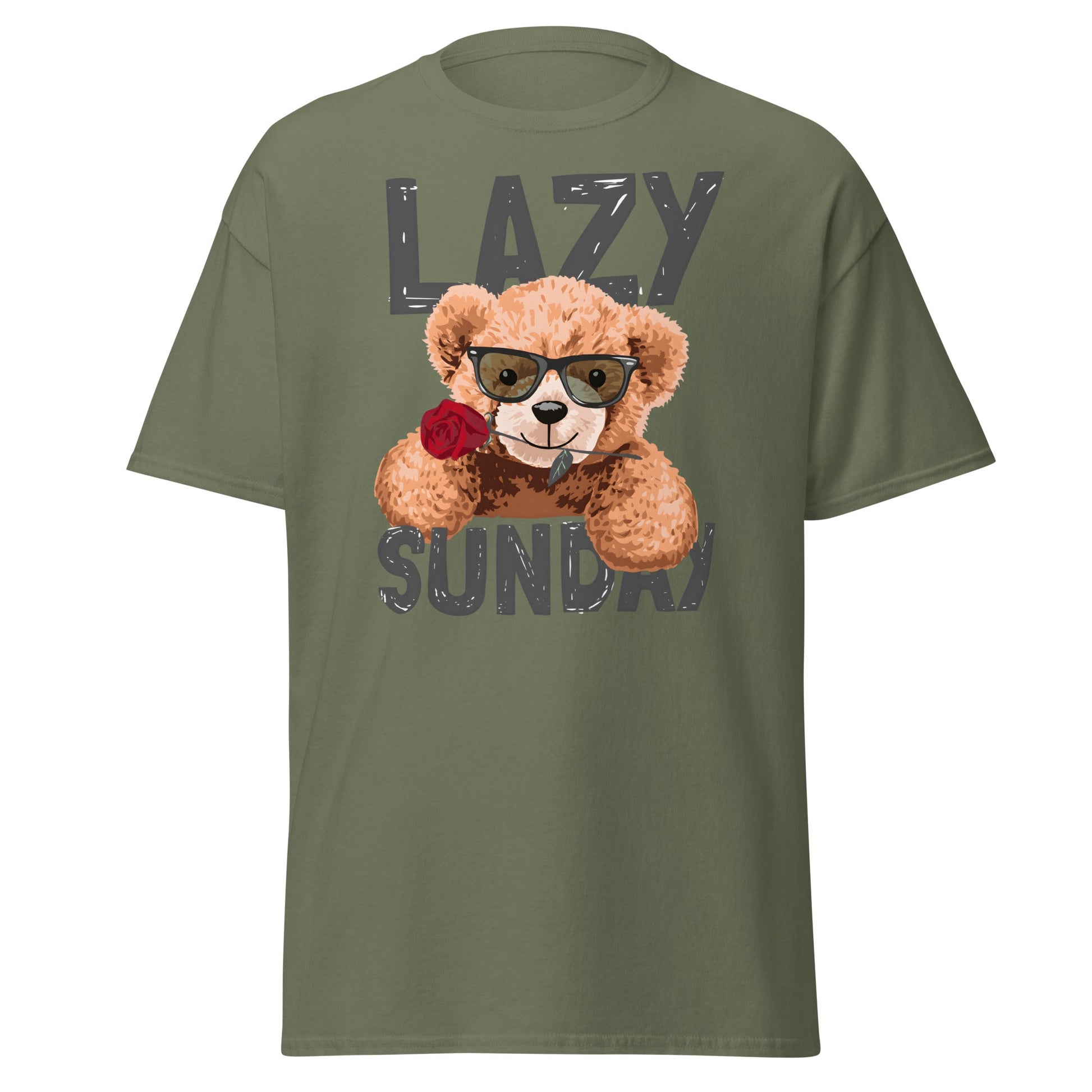 Lazy Sunday Teddy Bear T-Shirt | Cute Chill Day Tee - Military Green - T-Shirts Online