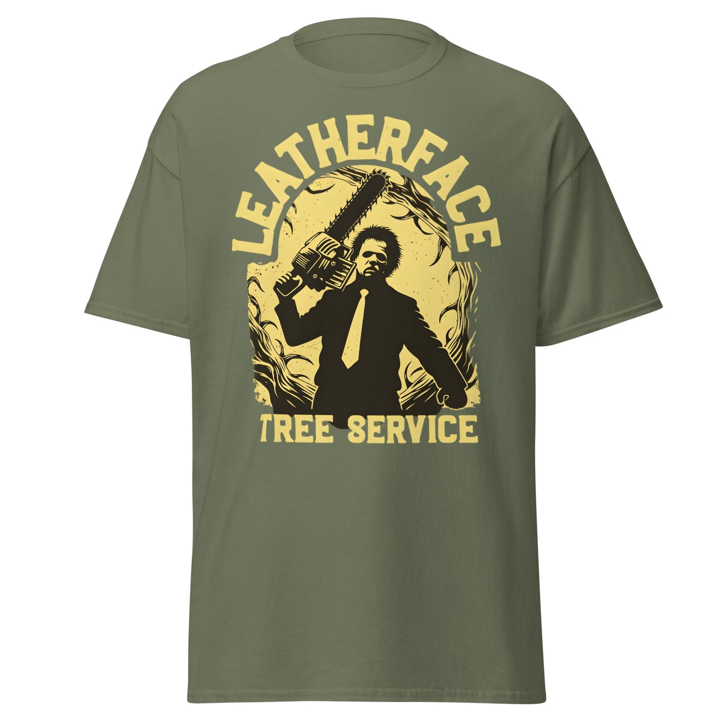 Leatherface Tree Service T-Shirt | Funny Horror Graphic Tee - Military Green - T-Shirts Online