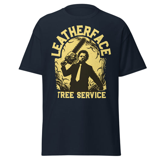 Leatherface Tree Service T-Shirt | Funny Horror Graphic Tee - Navy - T-Shirts Online