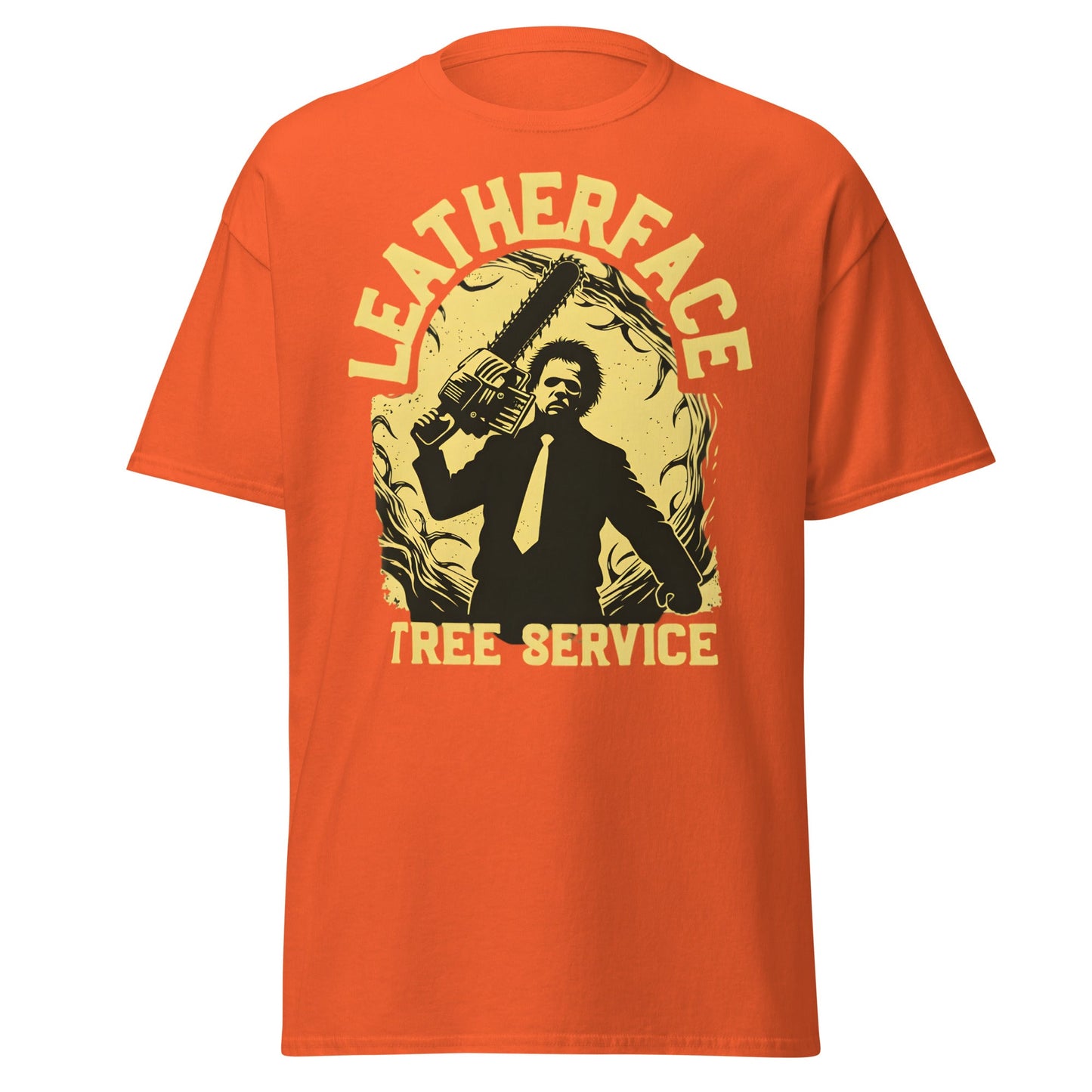 Leatherface Tree Service T-Shirt | Funny Horror Graphic Tee - Orange - T-Shirts Online