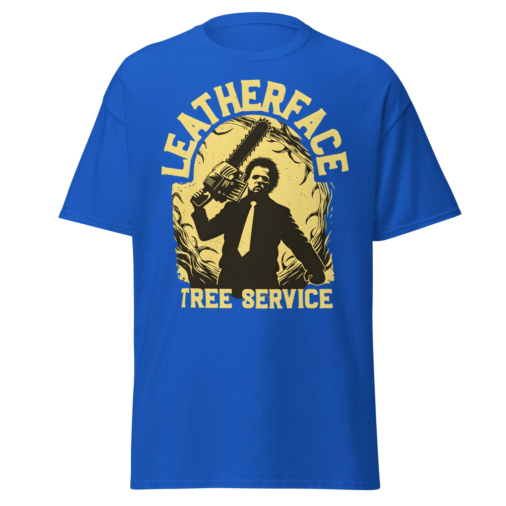 Leatherface Tree Service T-Shirt | Funny Horror Graphic Tee - Royal - T-Shirts Online
