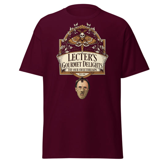 Lecter's Gourmet Delights Funny Horror T-Shirt - Maroon - T-Shirts Online