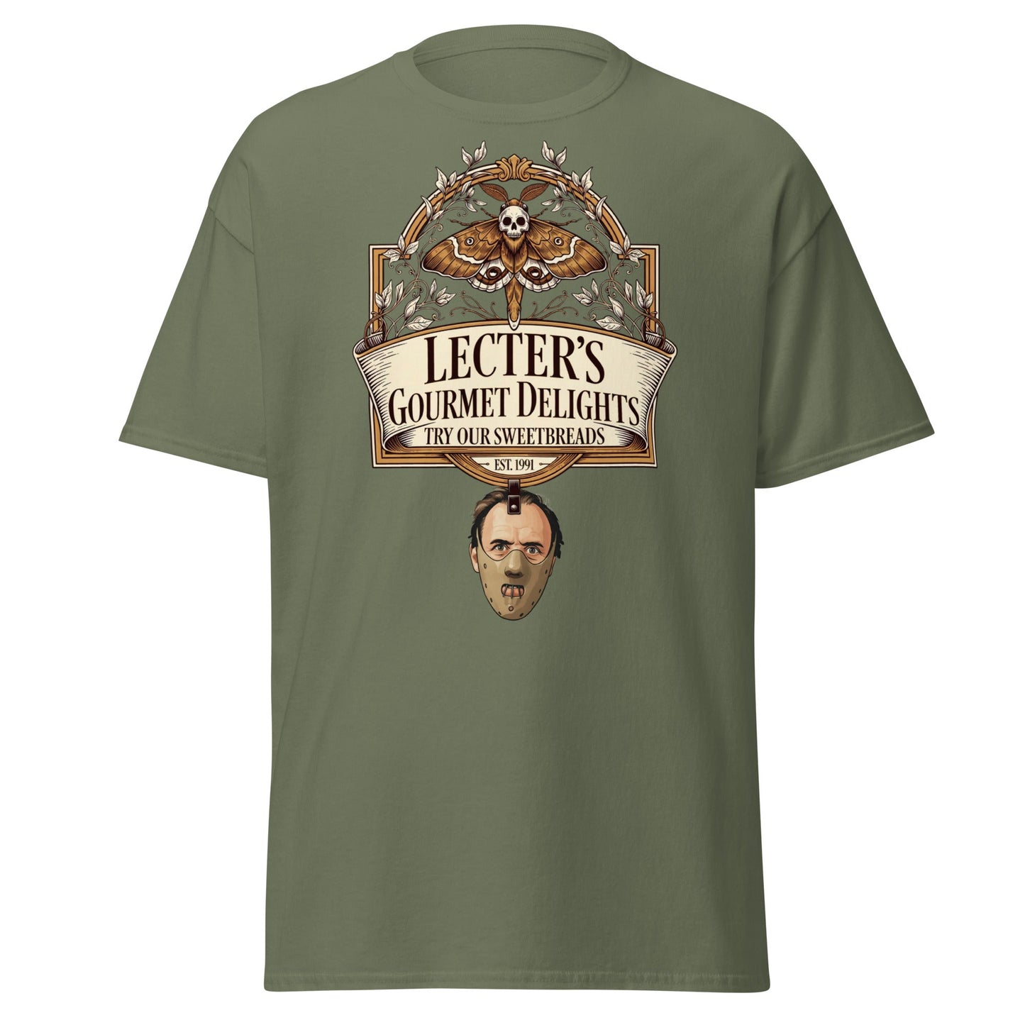 Lecter's Gourmet Delights Funny Horror T-Shirt - Military Green - T-Shirts Online