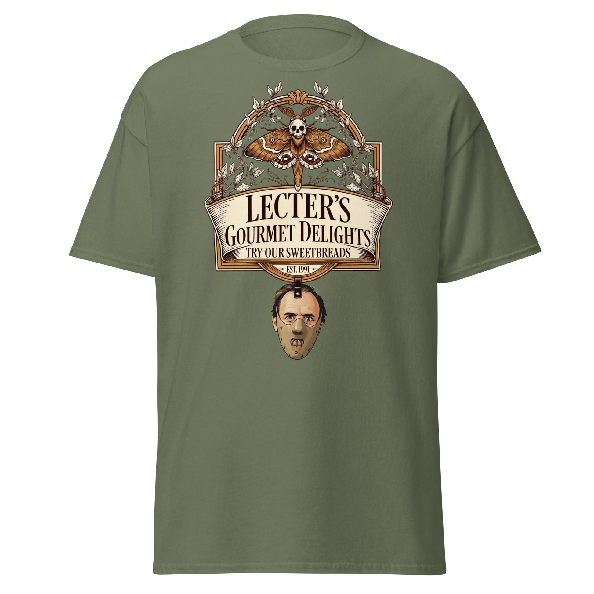 Lecter's Gourmet Delights Funny Horror T-Shirt - Military Green - T-Shirts Online