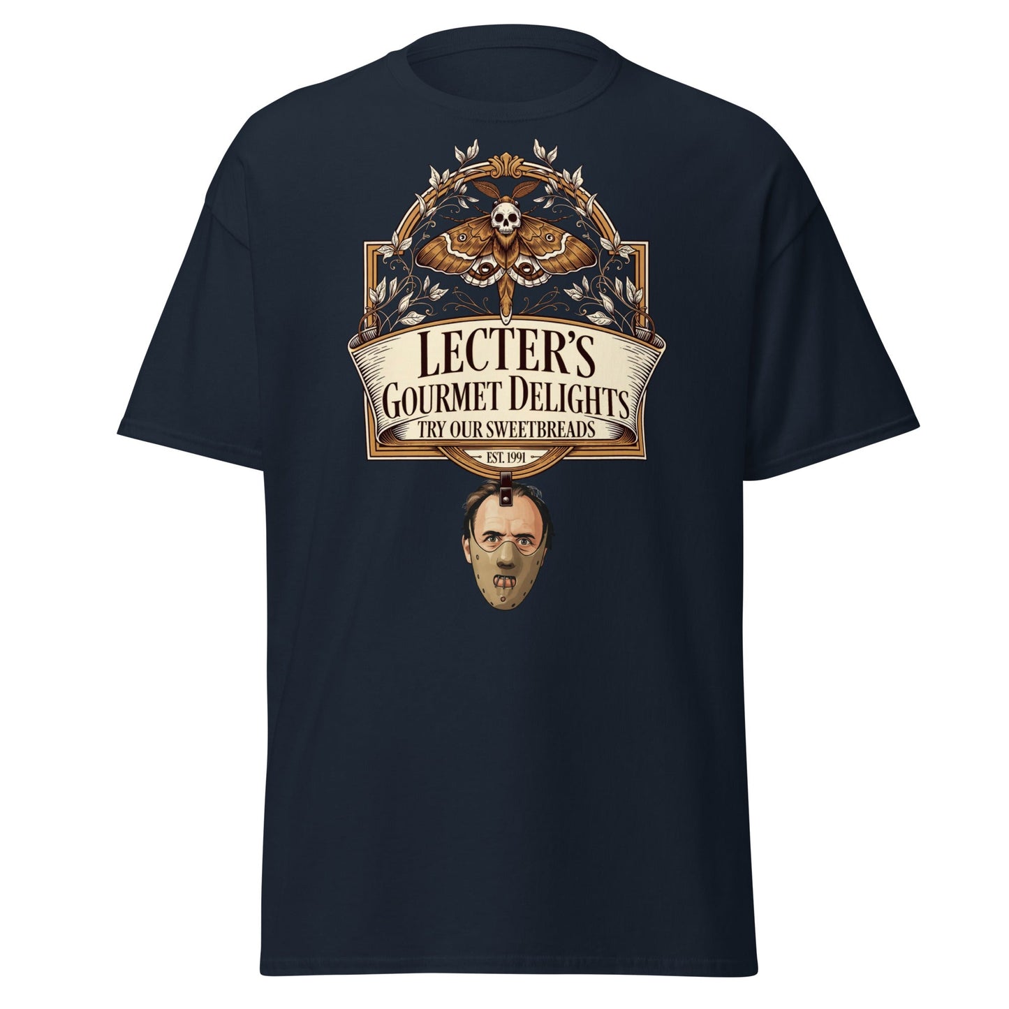 Lecter's Gourmet Delights Funny Horror T-Shirt - Navy - T-Shirts Online