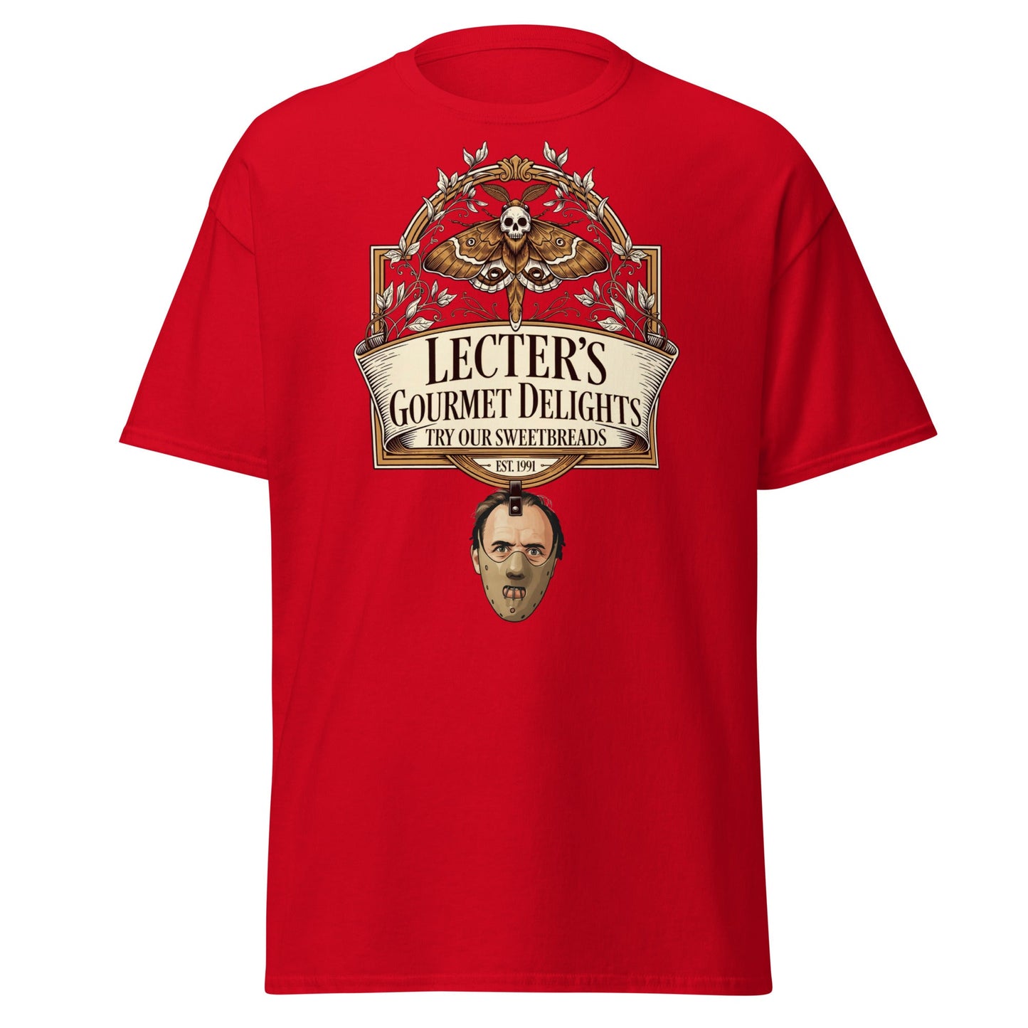 Lecter's Gourmet Delights Funny Horror T-Shirt - Red - T-Shirts Online
