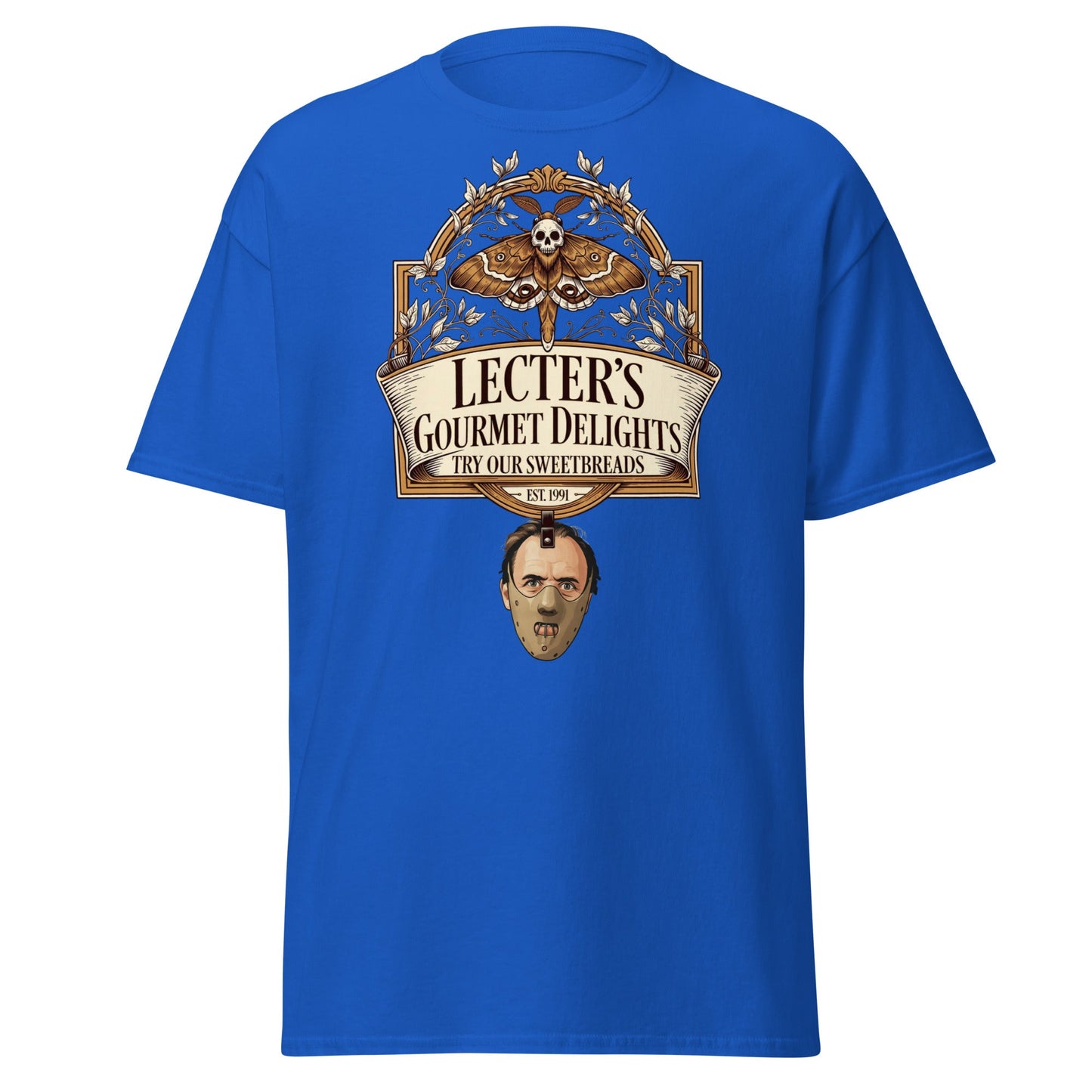 Lecter's Gourmet Delights Funny Horror T-Shirt - Royal - T-Shirts Online