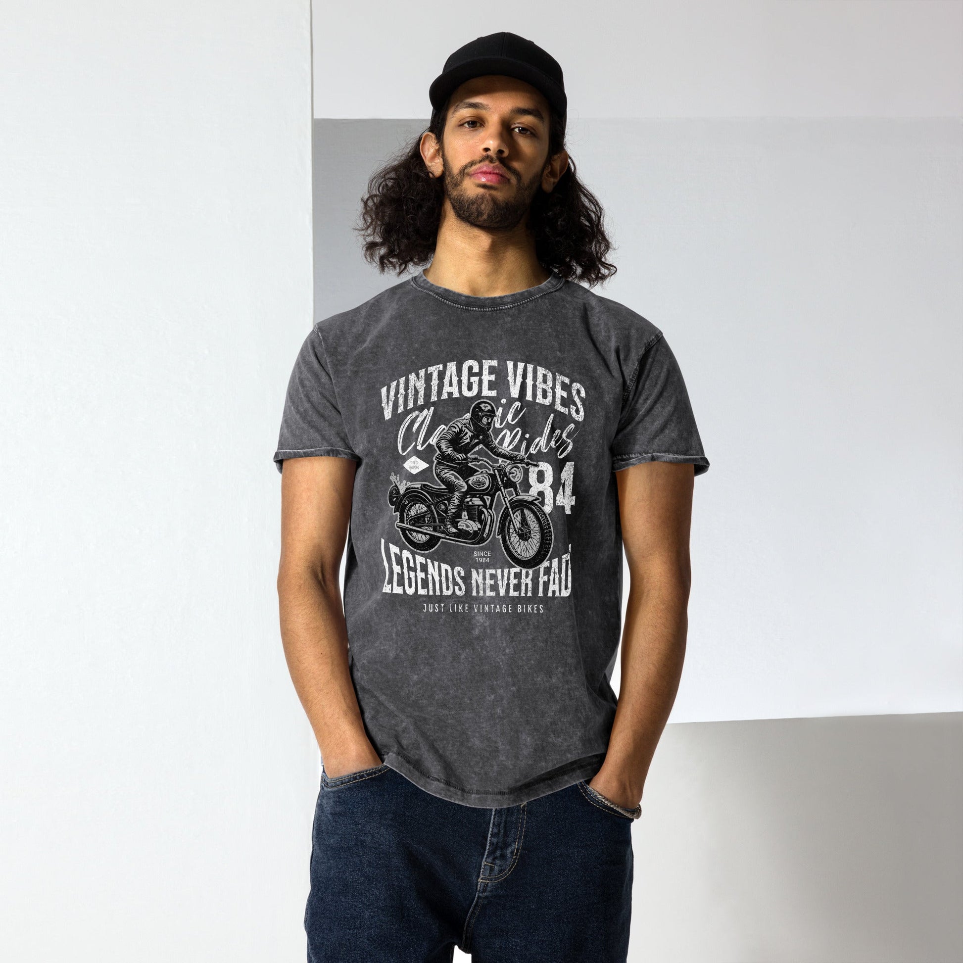 Legends Never Fade T-Shirt | Men's Denim Motorbike Tee - Black - T-Shirts Online