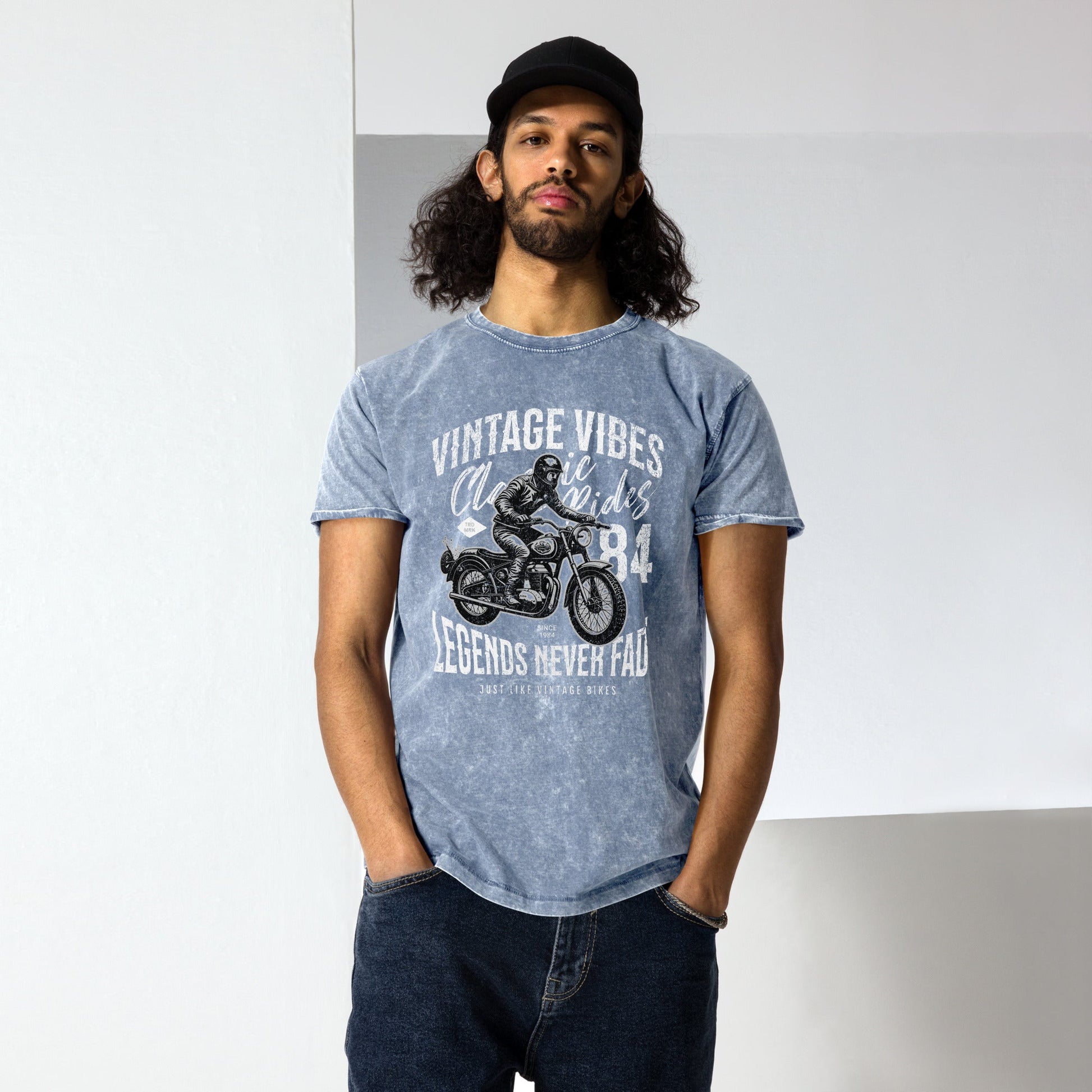 Legends Never Fade T-Shirt | Men's Denim Motorbike Tee - Black - T-Shirts Online