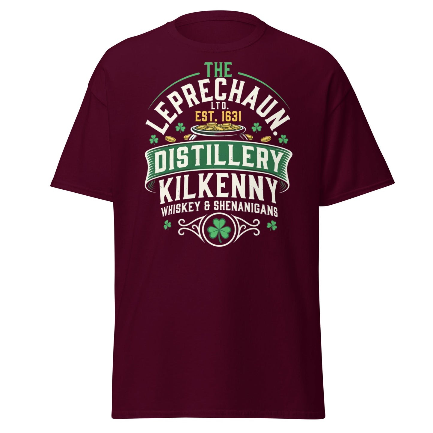 Leprechaun Distillery Kilkenny T-Shirt - Irish Whiskey Tee - Maroon - T-Shirts Online